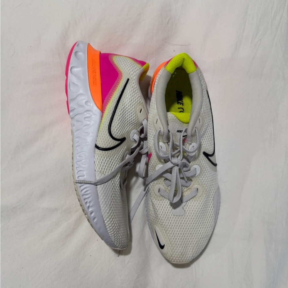 Nike White Sneakers with Neon Pink and Yellow Accents